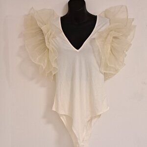 Glam Los Angeles V-Neck Organza Puff Sleeve Cream Body Suit NWT Misses Size L